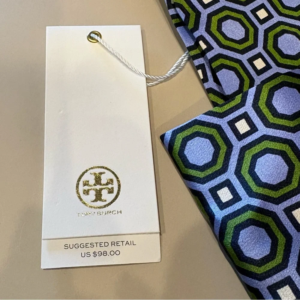 Tory Burch Silk Headband in Blue and Green Geometric Octagon Print. NWT.